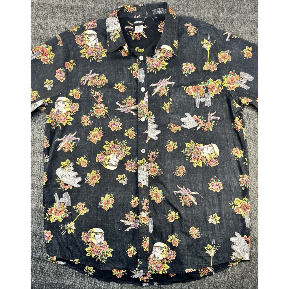 Mens Star Wars Floral Print Black Button Up Short Sleeve Shirt XL - Picture 2 of 7